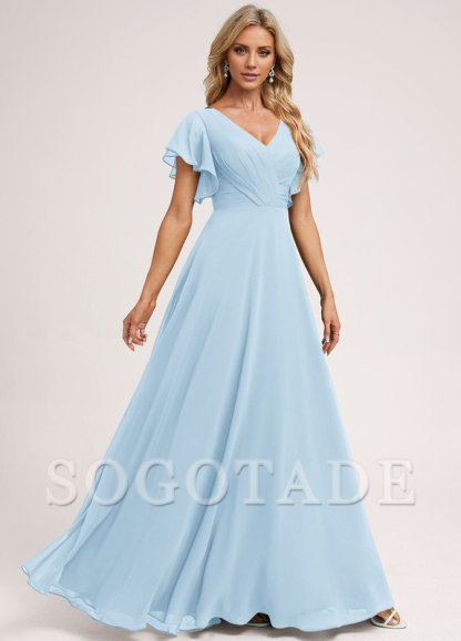 Ruffle A-line V-neck and floor chiffon bridesmaid dress
