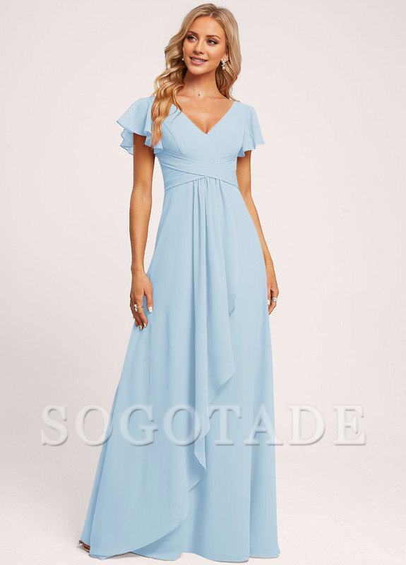 Ruffle A-line V-neck and floor chiffon bridesmaid dress