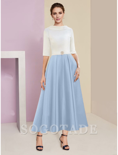 A-Line Mother of the Bride Dress Wedding Guest Elegant Vintage Jewel Neck Tea Length Charmeuse Half Sleeve with Pleats Crystals