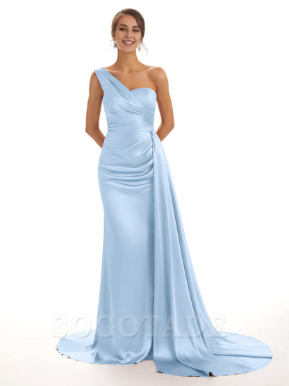 Elegant One Shoulder Soft Satin Unique Mermaid Long Bridesmaid Dresses Online prom dresses shops
