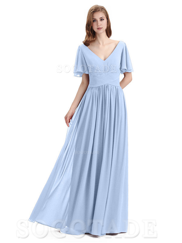 A-Line Chiffon Short Sleeves Elegant Floor-Length Bridesmaid Dresses Formal Women's Dresses Wedding Guests Dresses