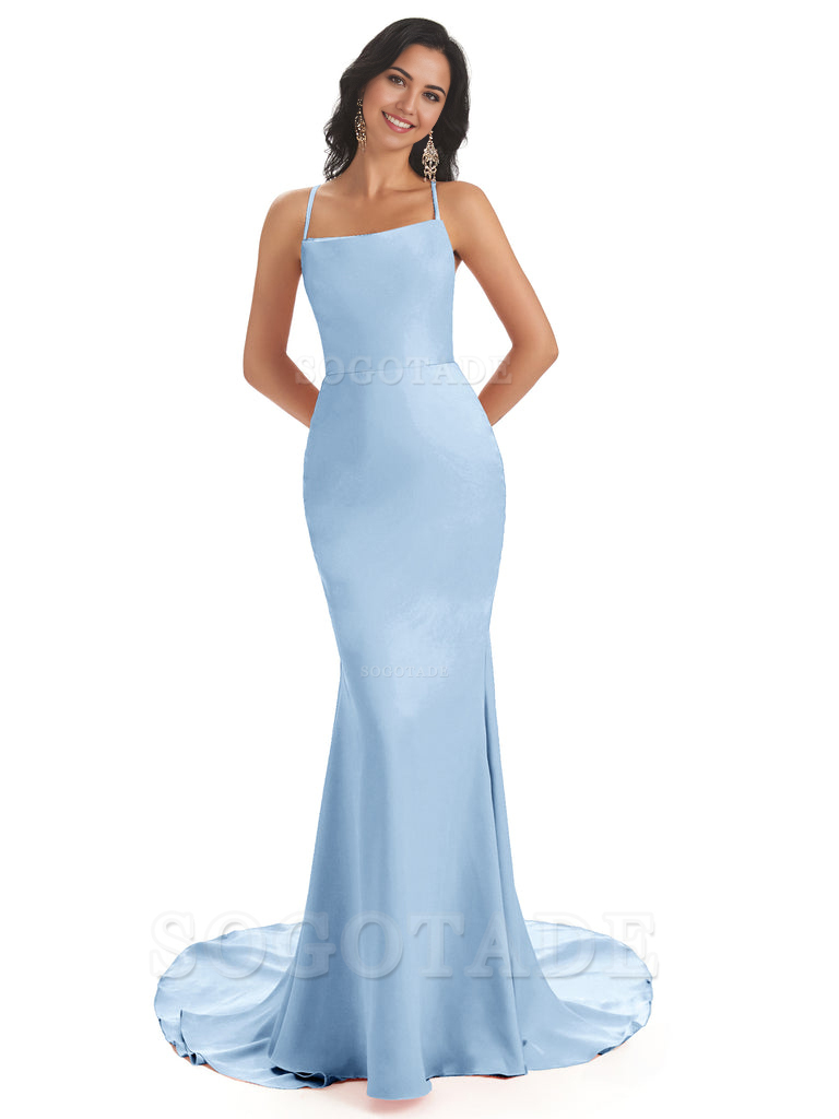 Mermaid Spaghetti Backless Straps Satin Long formal dresses evening gown Bridesmaid Dresses