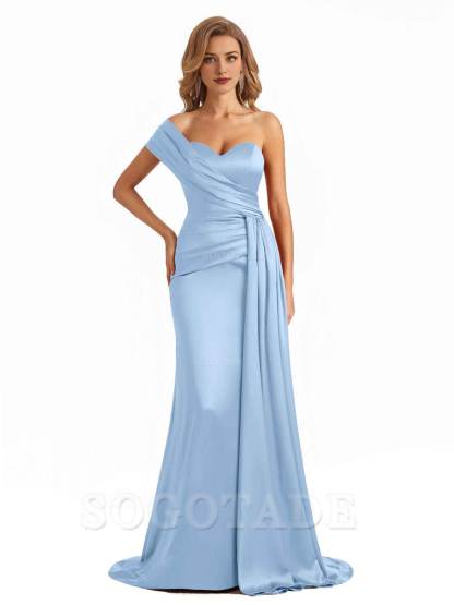 Elegant One Shoulder Soft Satin Long Mermaid Bridesmaid Dresses Online prom shop dresses ﻿