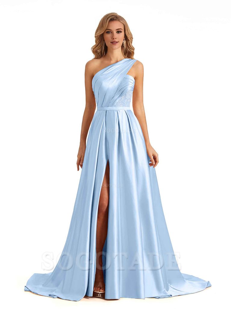 Sexy Side Slit One Shoulder A-Line Soft Satin Long Bridesmaid Dresses Online prom dress in store