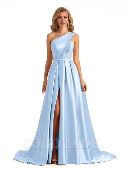 Sexy Side Slit One Shoulder A-Line Soft Satin Long Bridesmaid Dresses Online prom dress in store