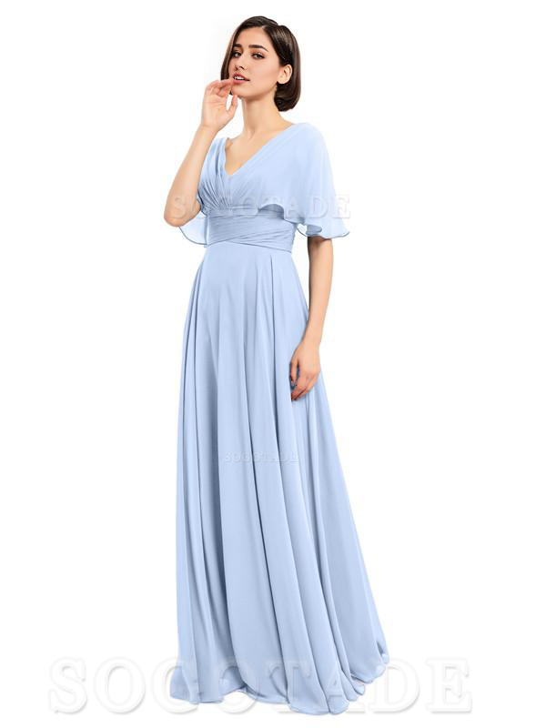  V-Neck Cap Sleeves Sleeves Chiffon Long Elegant Bridesmaid Dresses Formal Wear Dresses