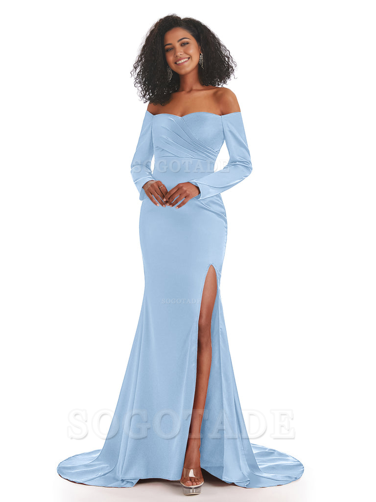 Mermaid Long Sleeve Satin formal dresses evening gown Bridesmaid Dresses With Side Slit 