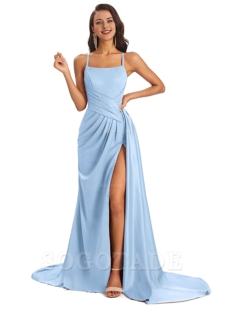 Sexy Soft Satin Side Slit Spaghetti Straps Long Maxi Bridesmaid Dresses prom shop dresses