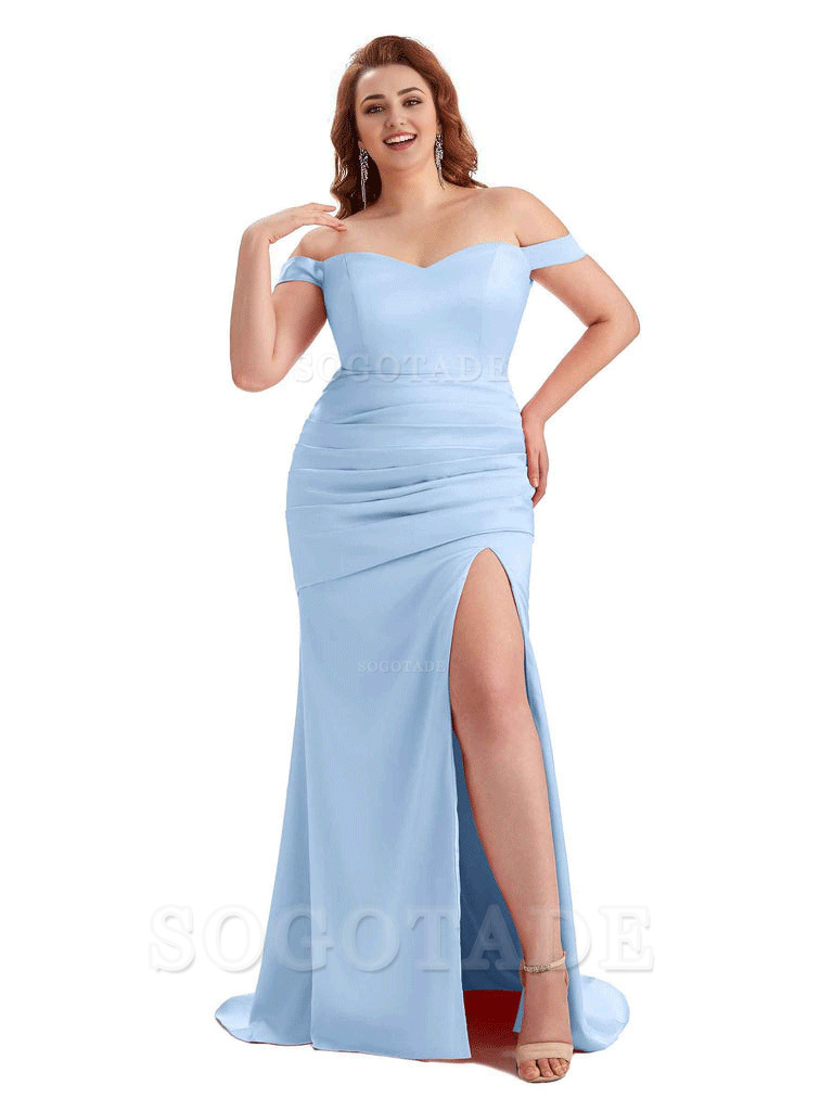 Sexy Mermaid Off The Shoulder Side Slit Soft Satin Long Plus Size Wedding Party Dresses
