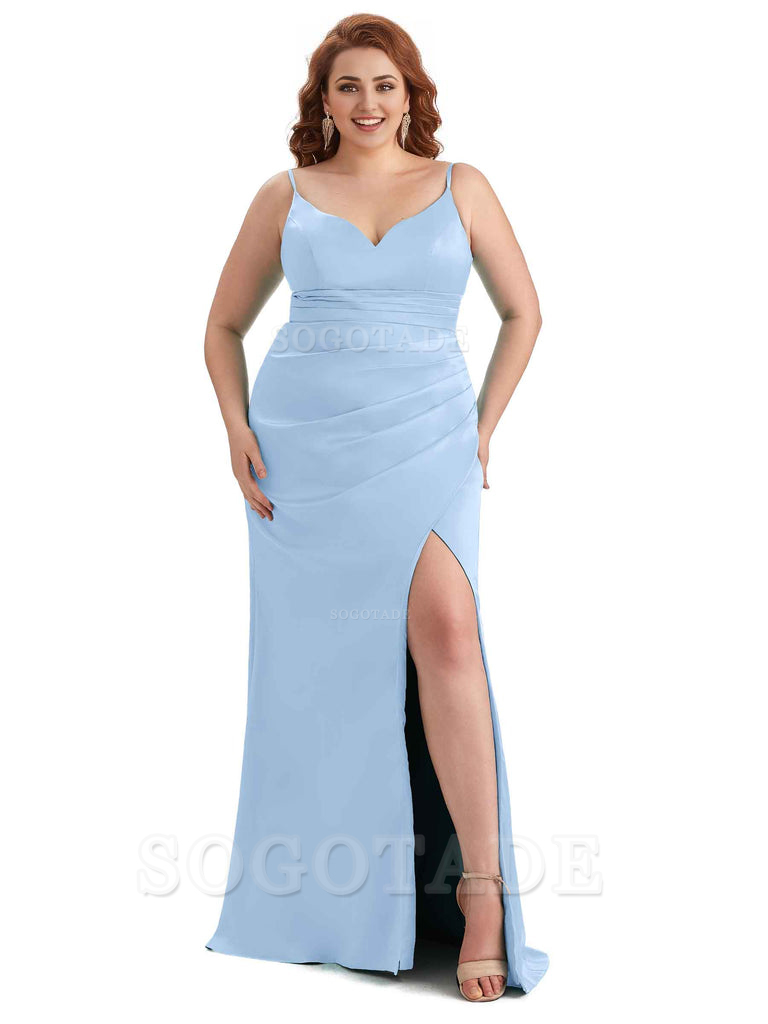 Sexy Side Slit Spaghetti Straps Mermaid Soft Satin Long Plus Size Maid of Honor Dresses