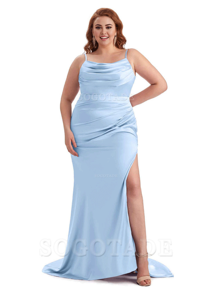 Sexy Jewel Side Slit Mermaid Soft Satin Long Plus Size Bridesmaid Dress For Wedding