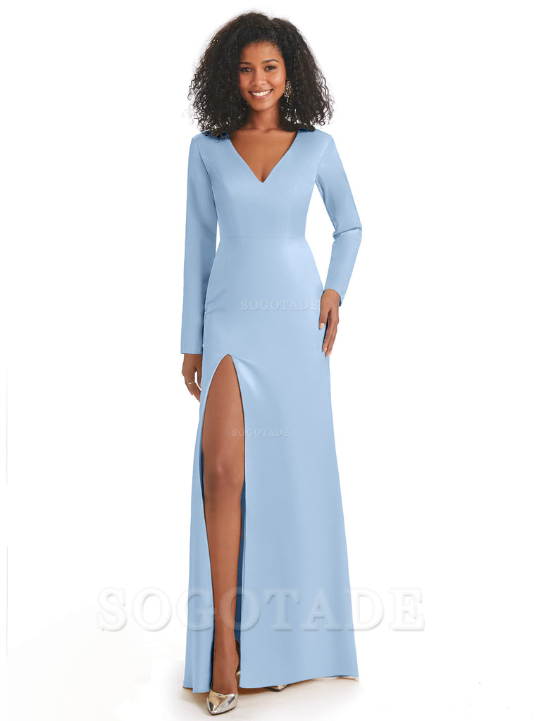 Soft Satin Side Slit Long Sleeves V-Neck Long African Mermaid Bridesmaid Dresses Elegant Evening Party Dress