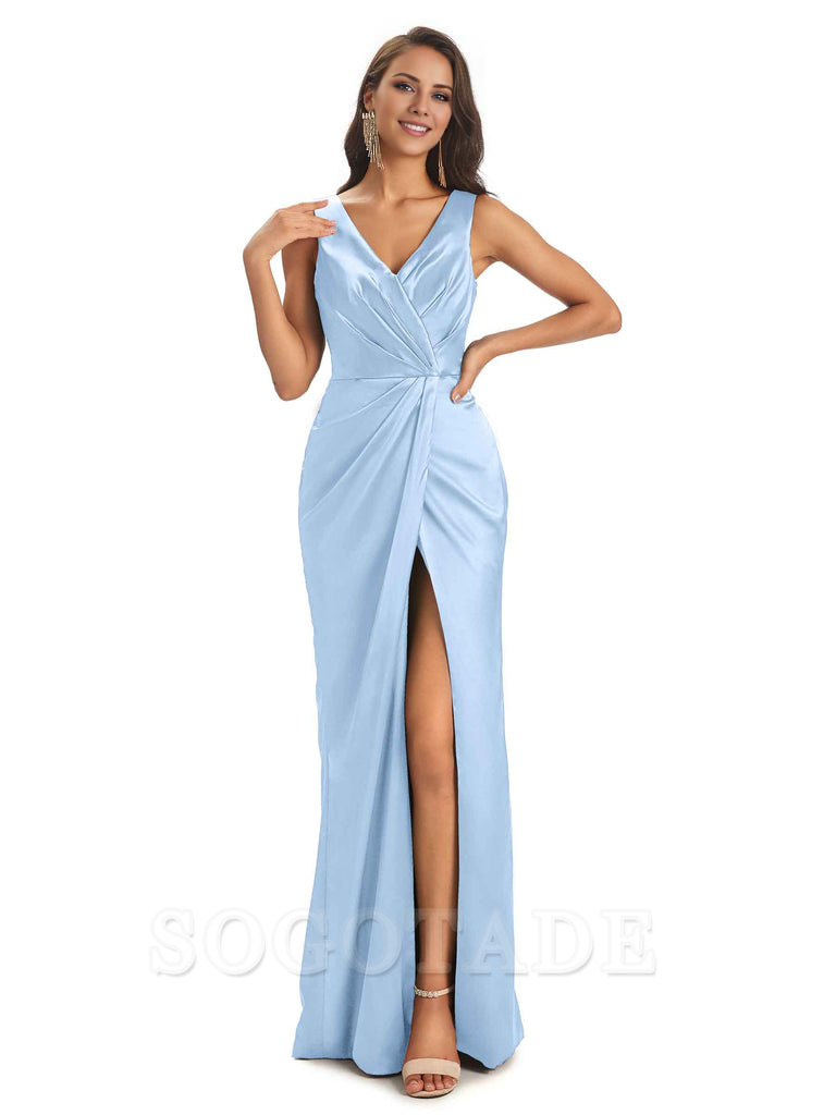 V-Neck Unique Long Satin Bridesmaid Dresses with Front Slit