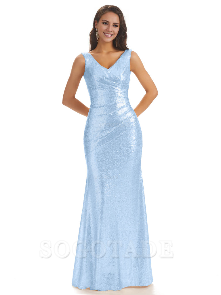 Sexy Sequin V-Neck Sparkly Long Mermaid Bridesmaid Dresses Charming Evening Party Dress