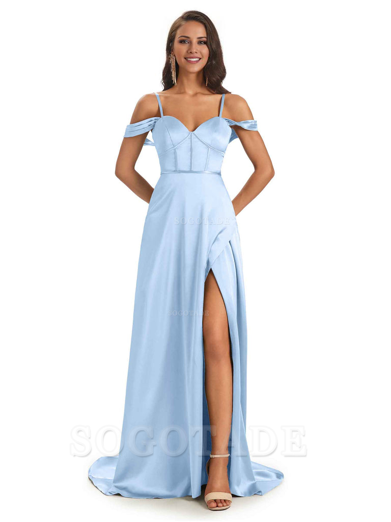 Stylish Soft Satin Side Slit Spaghetti Straps Bridesmaid Dresses Elegant Evening Party Dress