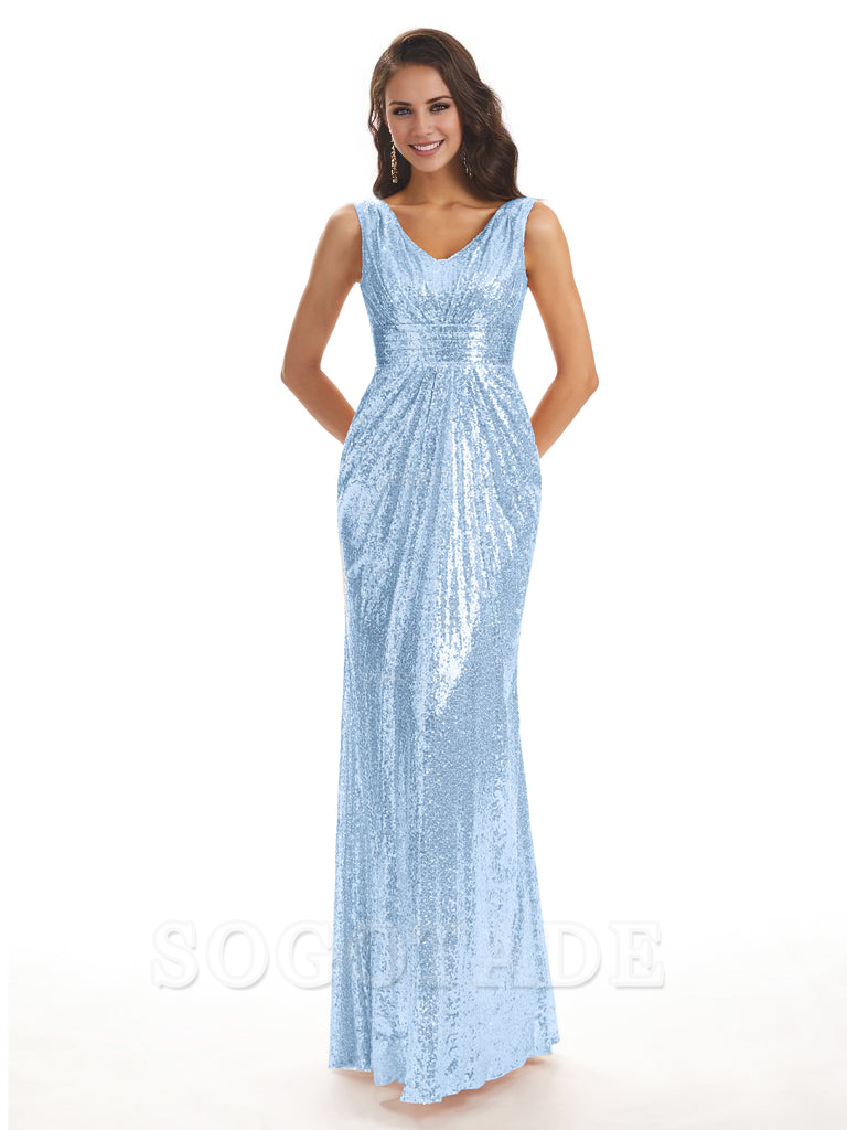 Sparkly V-Neck Sequin Long Mermaid Bridesmaid Dresses Sleeveless Charming Evening Party Dress