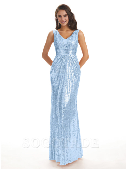 Sparkly V-Neck Sequin Long Mermaid Bridesmaid Dresses Sleeveless Charming Evening Party Dress