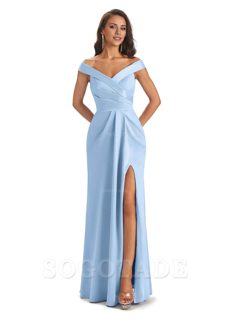 Sexy Soft Side Slit Off Shoulder V-Neck Long Satin Ladies Bridesmaid Dresses Elegant Evening Party Dress