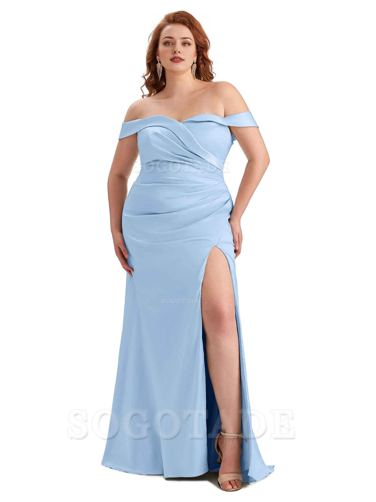 Sexy Side Slit Off Shoulder Mermaid Soft Satin Long Plus Size Bridesmaid Gowns For Wedding