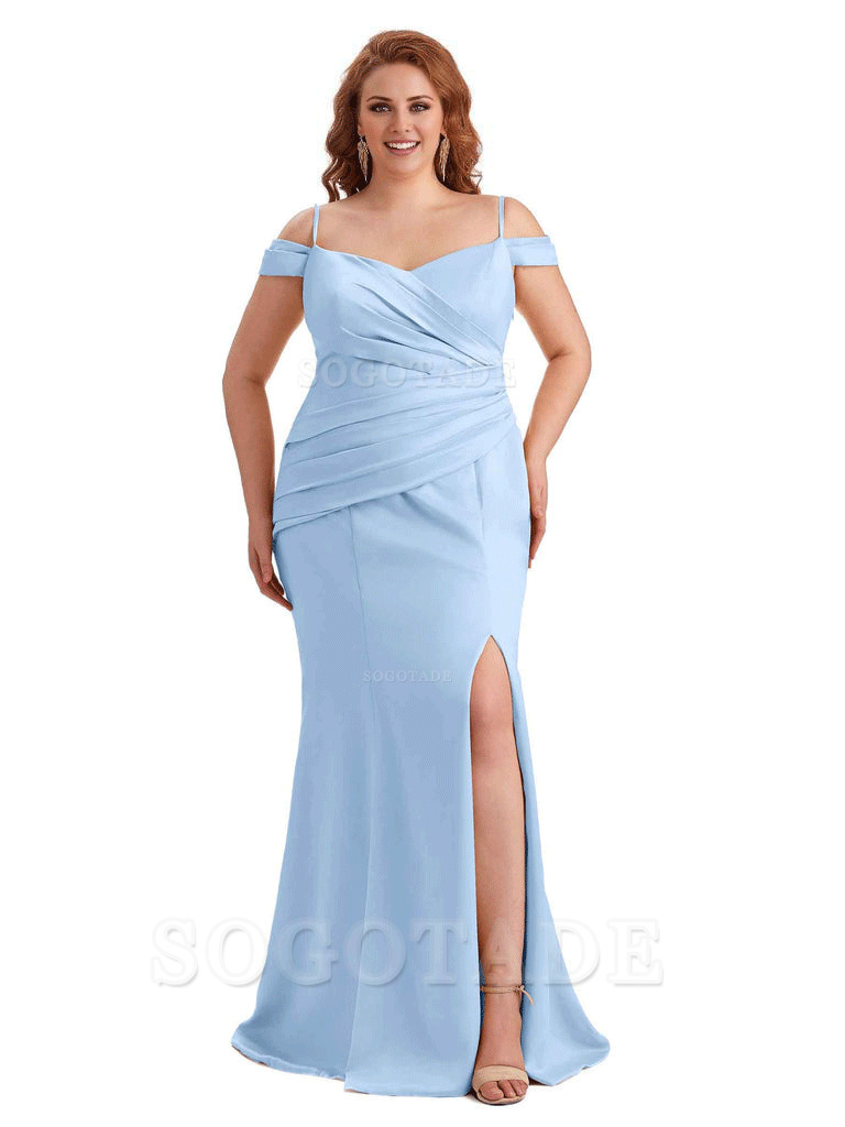 Elegant Cold Shoulder Side Slit Mermaid Soft Satin Long Plus Size Bridesmaid Gowns