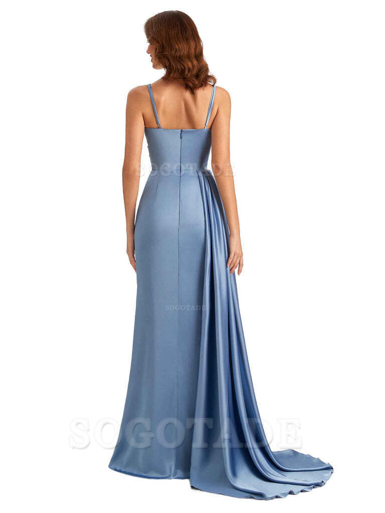 Mermaid Cowl Spaghetti Satin formal dresses evening gown Bridesmaid Dresses With Side Slit
