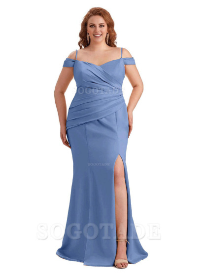 Elegant Cold Shoulder Side Slit Mermaid Soft Satin Long Plus Size Bridesmaid Gowns