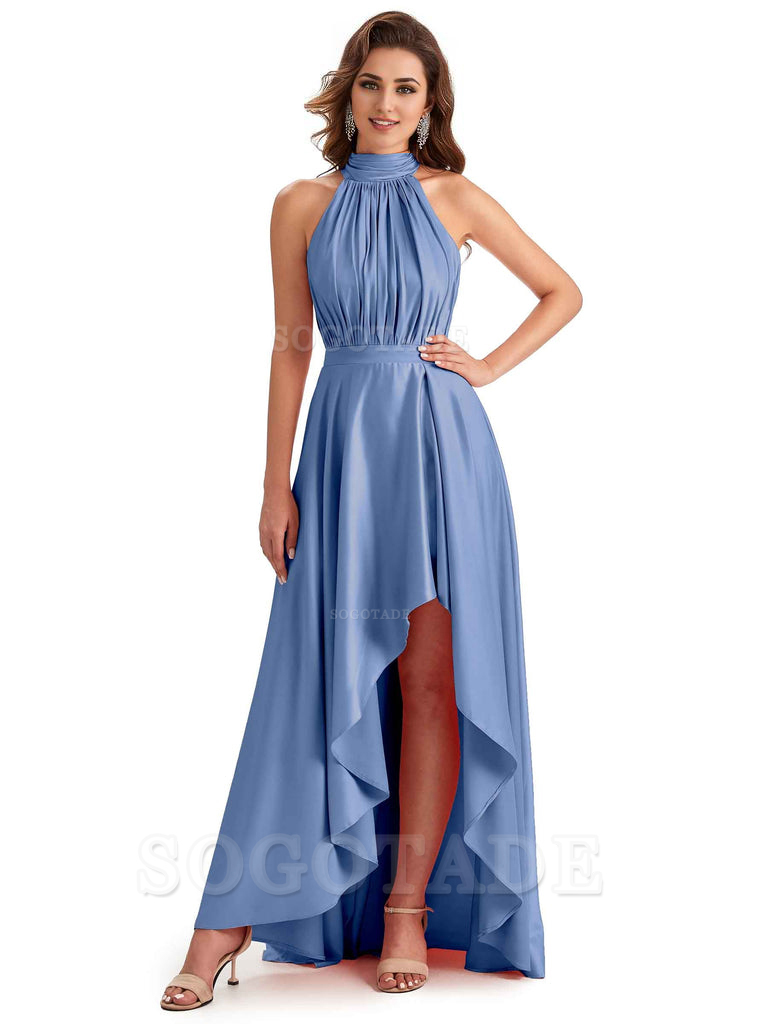 Soft Satin High Neck High Low A-Line Unique Bridesmaid Dresses Online