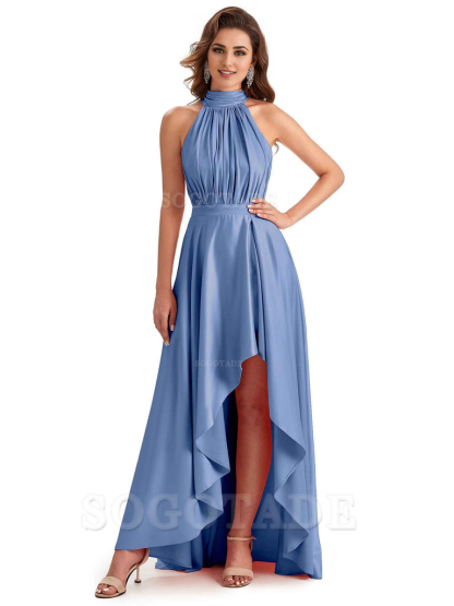 Soft Satin High Neck High Low A-Line Unique Bridesmaid Dresses Online
