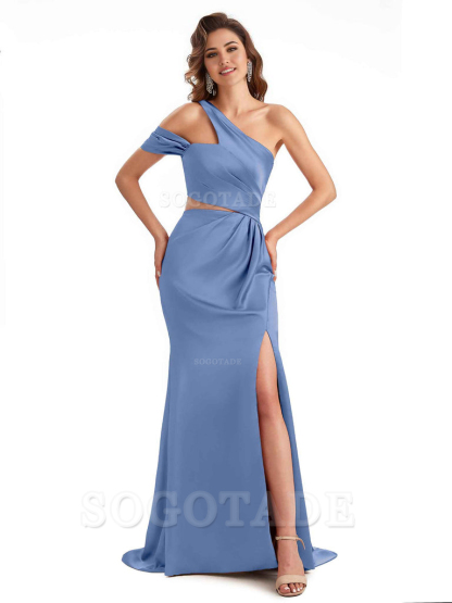 Sexy Side Slit Mermaid Soft Satin One Shoulder Long Unique Bridesmaid Dresses