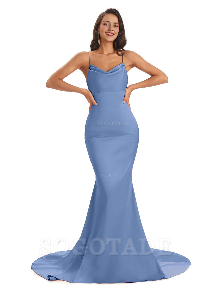 Sexy Backles Soft Satin Spaghetti Straps Maxi Mermaid Bridesmaid Dresses Online prom shop dresses