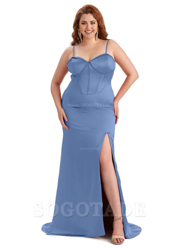 Sexy Spaghetti Straps Side Slit Sleeveless Mermaid Soft Satin Long Bridesmaid Dress Plus Size Dress To Wear to a Wedding