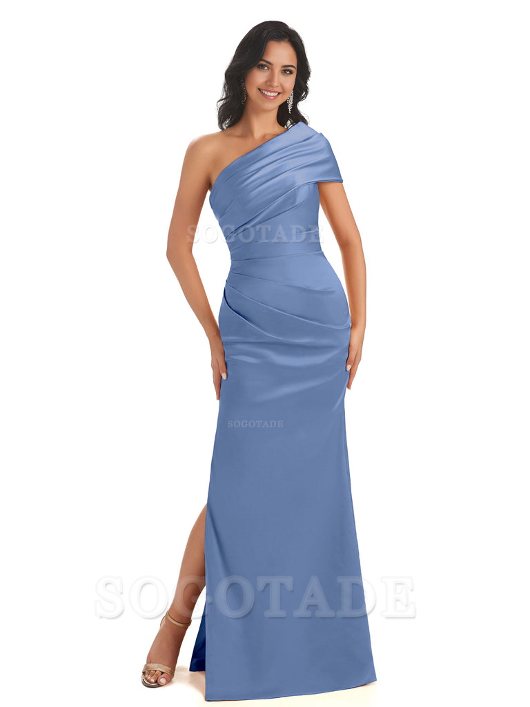 Mermaid One Shoulder Satin Long formal dresses evening gown Bridesmaid Dresses With Side Slit 