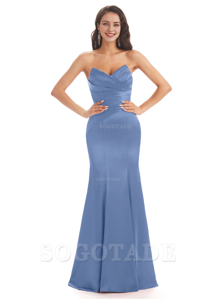 Simple Strapless Sweetheart Soft Satin Mermaid Long Bridesmaid Dresses prom shop dresses