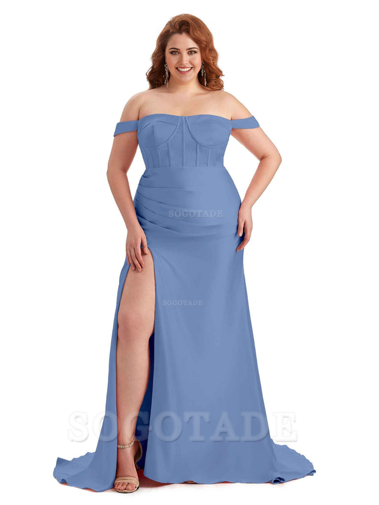 Elegant Off The Shoulder Side Slit Mermaid Soft Satin Floor Length Long Plus Size Bridesmaid Gowns