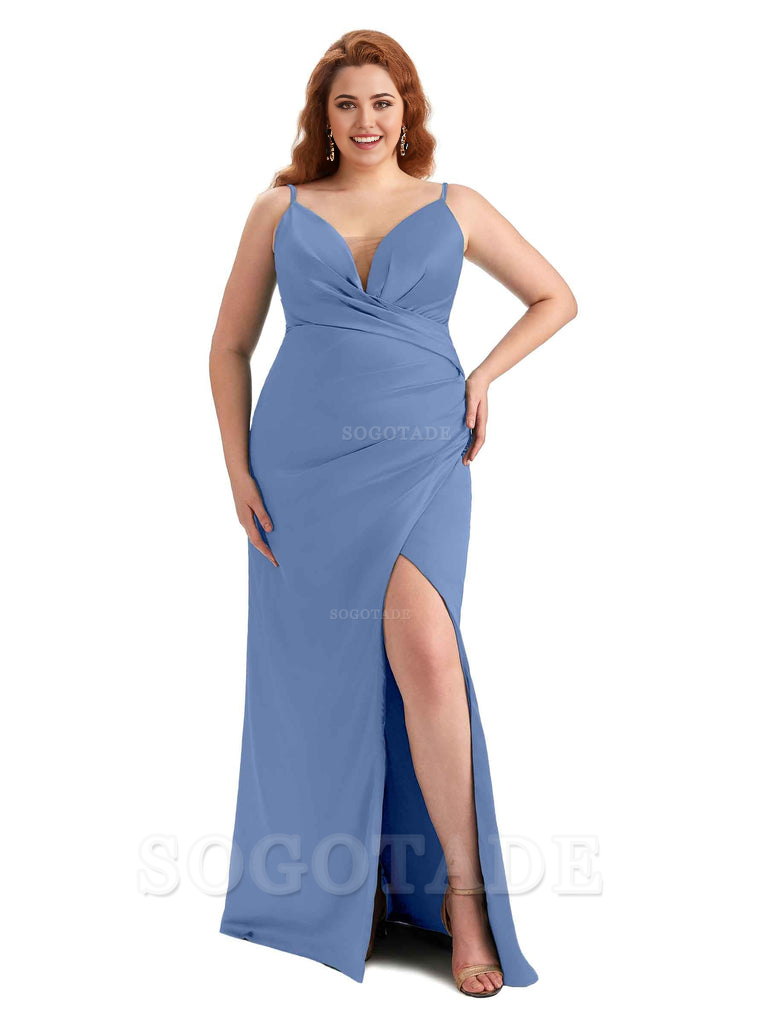 Sexy Side Slit Spaghetti Straps Sleeveless Mermaid V-neck Soft Satin Long Plus Size Bridesmaid Dress For Wedding