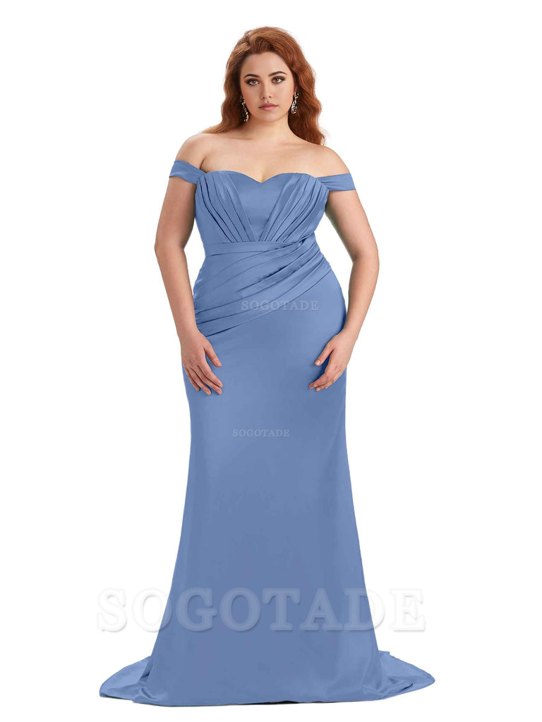 Sexy Mermaid Off The Shoulder Sweetheart Soft Satin Floor Length Long Plus Size Maid of Honor Dresses