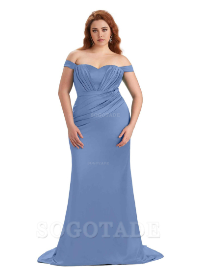 Sexy Mermaid Off The Shoulder Sweetheart Soft Satin Floor Length Long Plus Size Maid of Honor Dresses