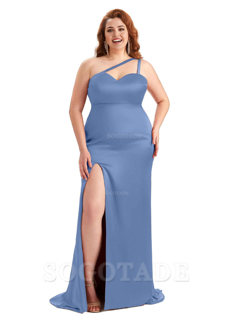 Sexy Side Slit Sleeveless Mermaid One Shoulder Soft Satin Long Plus Size Bridesmaid Dress For Wedding