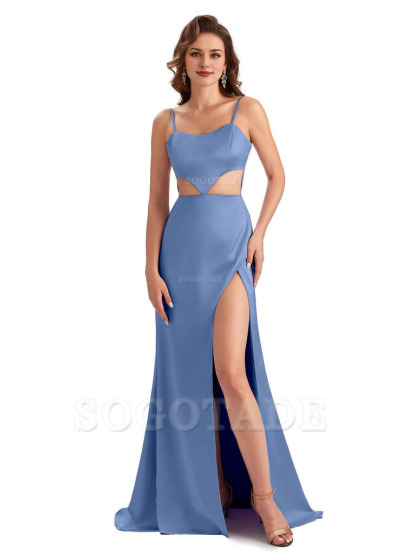 Sexy Satin Side Slit Spaghetti Straps Mermaid Long Unique Curve Wedding Guest Dresses