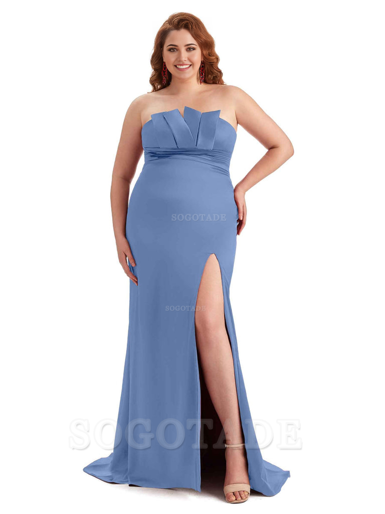 Sexy Side Slit Sleeveless Mermaid Soft Satin Long Plus Size Wedding Party Dresses For Wedding