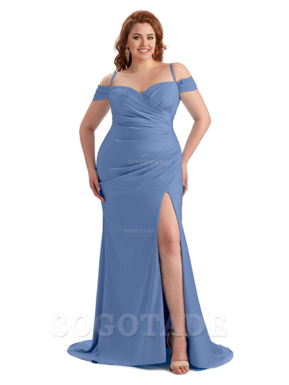 Sexy Side Slit Sleeveless Cold Shoulder Mermaid Soft Satin Long Plus Size Maid of Honor Dresses