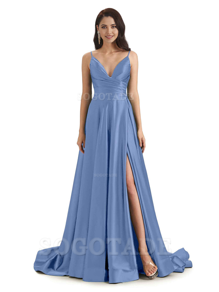 Spaghetti Straps Satin formal dresses evening gown Bridesmaid Dresses With Side Slit 