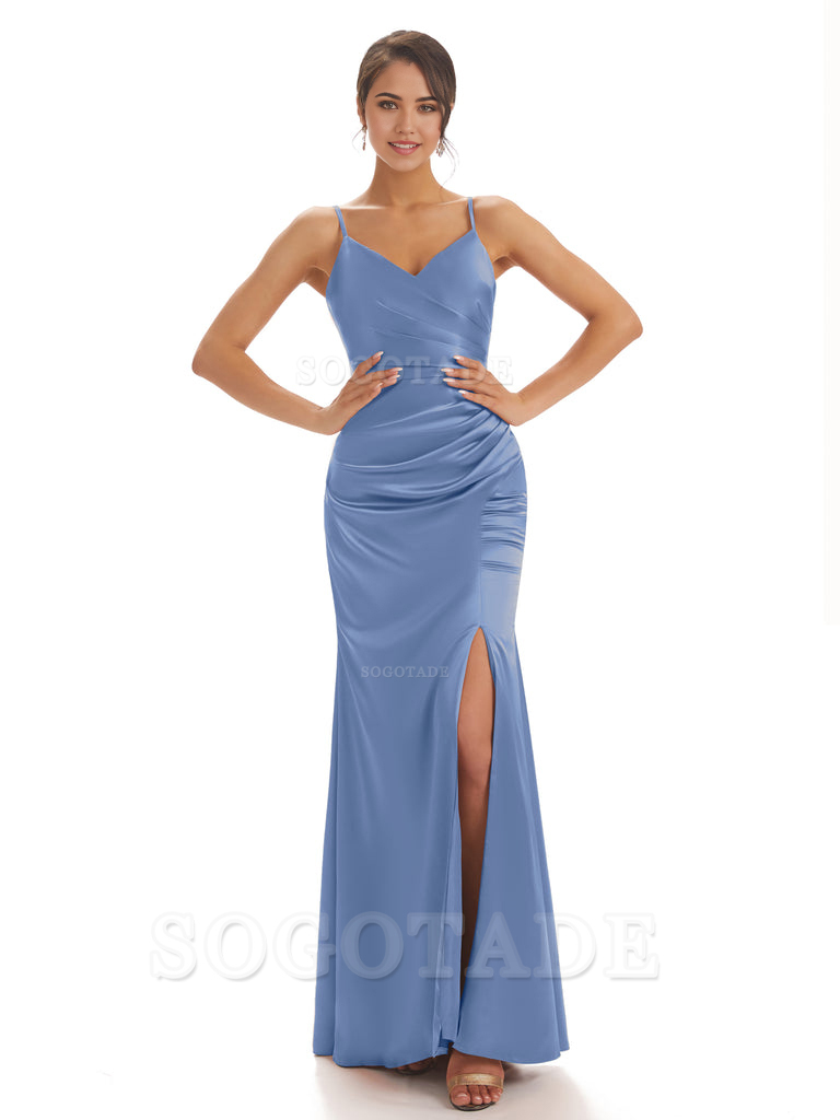 Spaghetti Straps Pleats Satin formal dresses evening gown Bridesmaid Dresses With Side Slit 