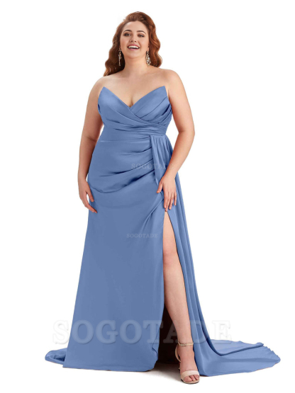 Sexy V-neck Side Slit Sleeveless Mermaid Soft Satin Long Plus Size Bridesmaid Gowns