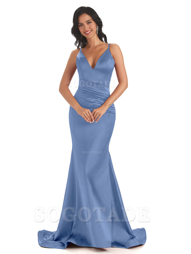 Mermaid Spaghetti V-Neck Straps Satin Long formal dresses evening gown Bridesmaid Dresses With Side Slit 