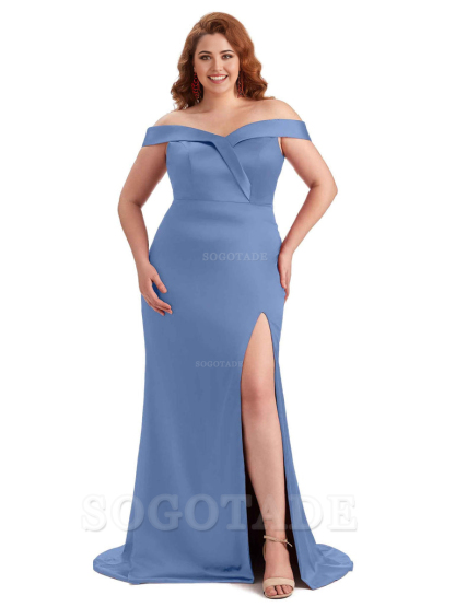 Elegant Off The Shoulder Sleeveless Side Slit Mermaid Soft Satin Long Plus Size Bridesmaid Gowns