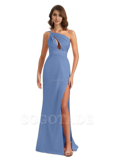Sexy One Shoulder Silky Satin Unique Long Ladies Bridesmaid Dress For Wedding