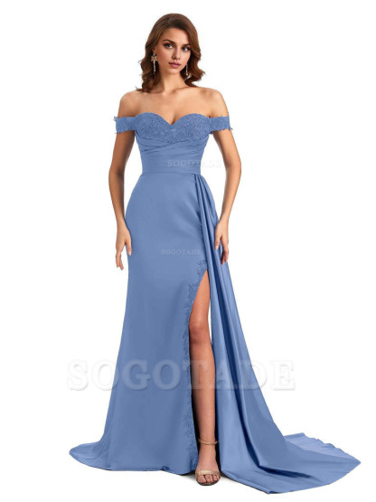 Sexy Off The Shoulder Mermaid Side Slit Silky Satin Long Bridesmaid Dress For Wedding
