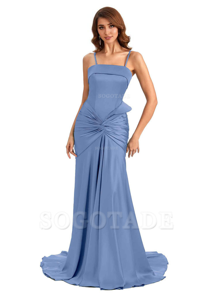 Sexy Mermaid Spaghetti Straps Silky Satin Unique Long Bridesmaid Dress For Wedding
