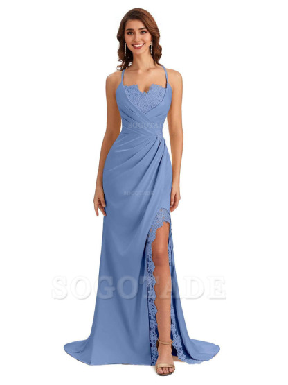 Sexy Side Slit Spaghetti Straps Lace Mermaid Silky Satin Wedding Guest Dresses